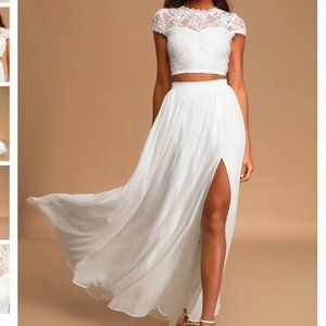 LULUS SWEET STUNNER WHITE LACE TWO-PIECE MAXI DRESS